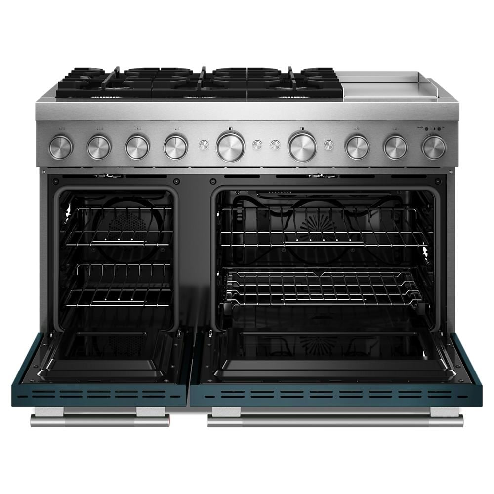 Commercial-style 48-inch dual fuel range with six burners, chrome electric griddle, and double ovens open front view