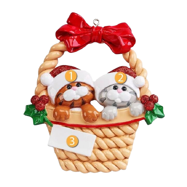 Festive orange and gray kittens wearing Santa hats in woven basket with red bow, Christmas ornament under $50 collection