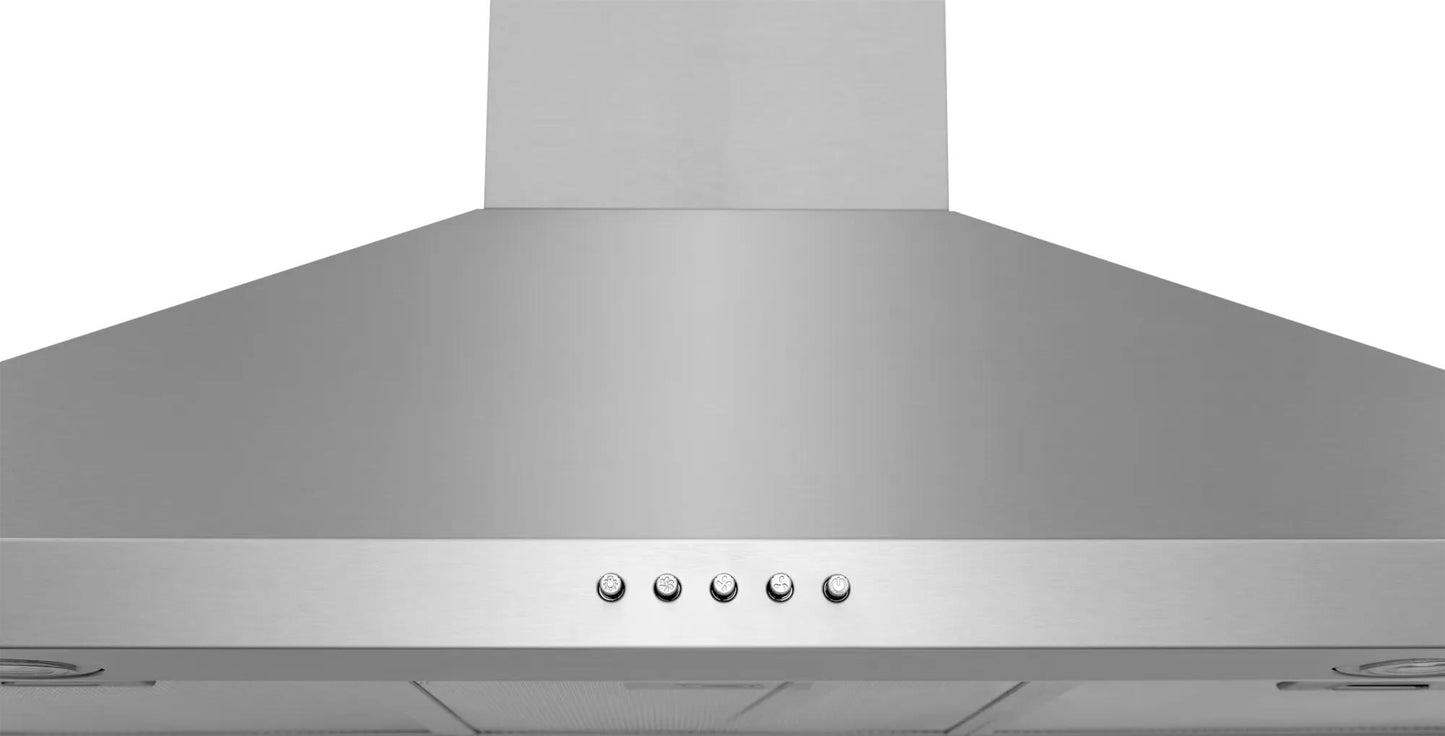 stainless steel canopy wall hood with five push button controls in wall mounted range hoods collection