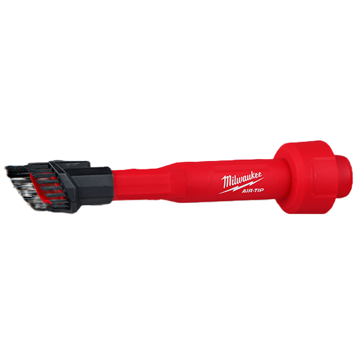 Red Milwaukee AIR-TIP 2-in-1 utility brush tool with black bristles for home improvement and cleaning tasks