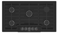 Black gas cooktop with five sealed burners, cast iron grates, and push-to-turn knobs in Bosch cooktops and appliances collections