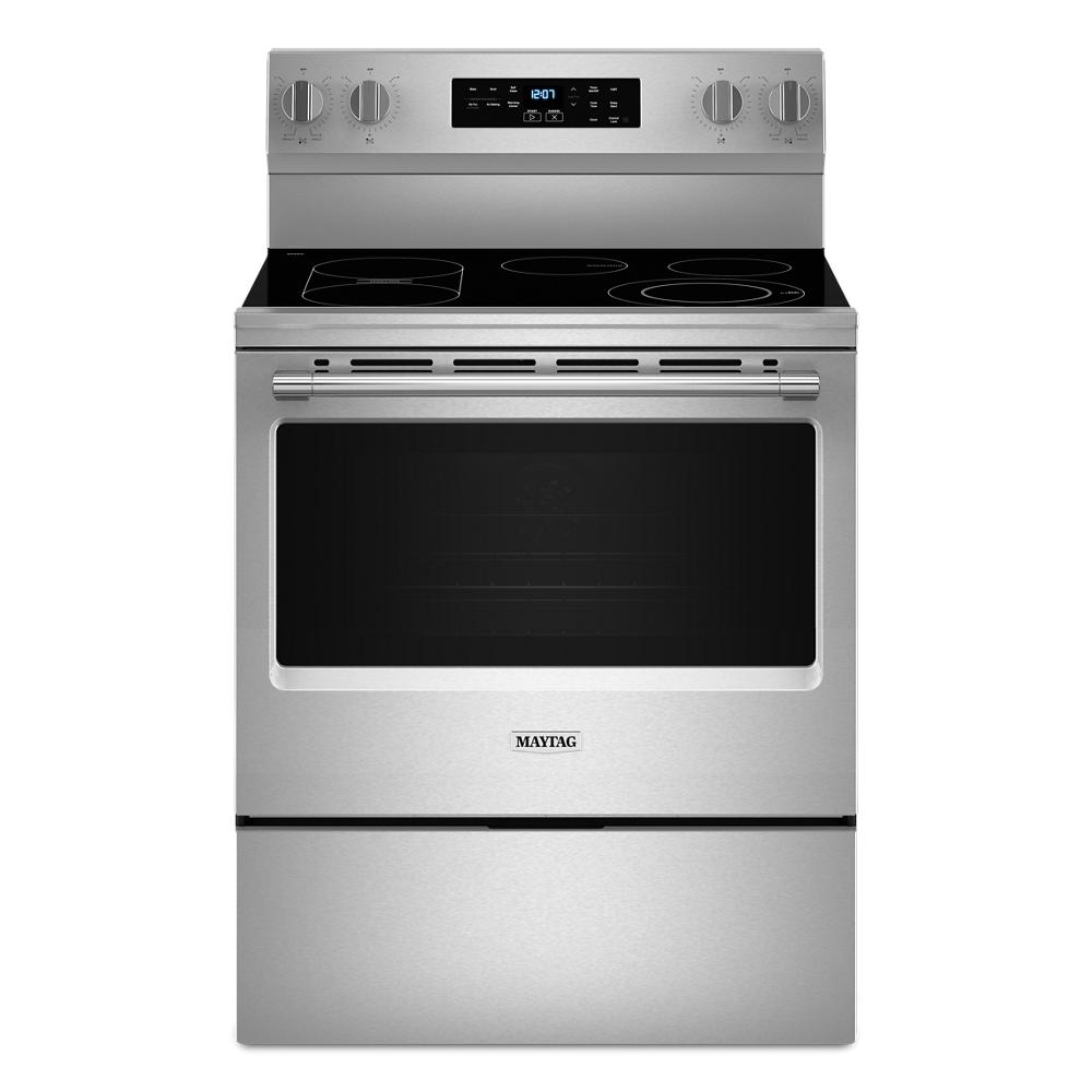 Stainless steel electric range with smooth cooktop, control knobs, digital display from Ranges and Appliances collections