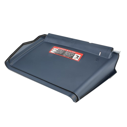 Black side discharge chute with safety warning label designed for mower deck grass clipping dispersal accessories