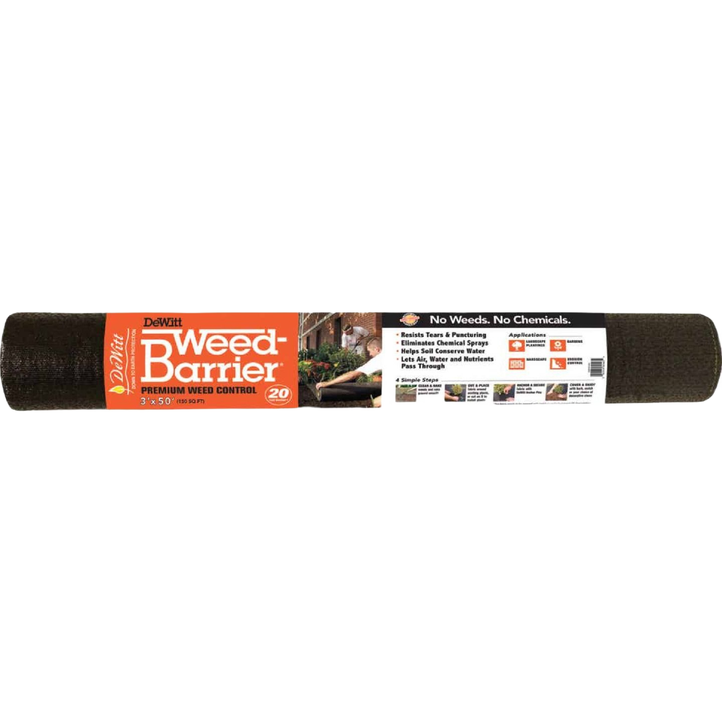Roll of premium polyester landscape fabric designed for long-lasting weed control in lawn care and plant care collections