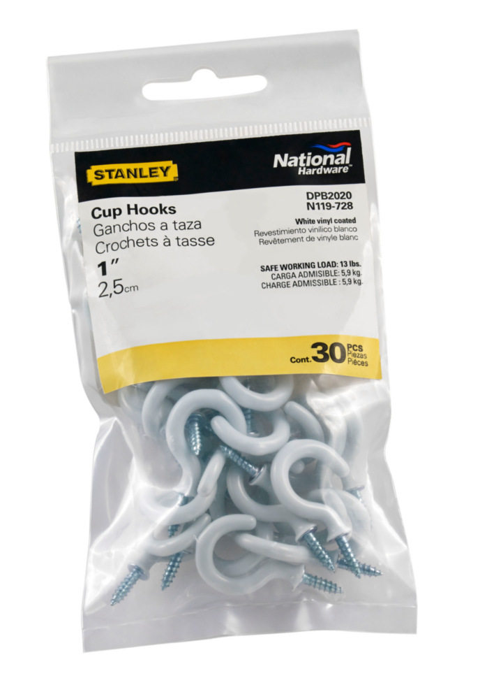 Package of thirty 1-inch white vinyl-coated cup hooks with sharp screw points for hardware and home improvement projects under $50