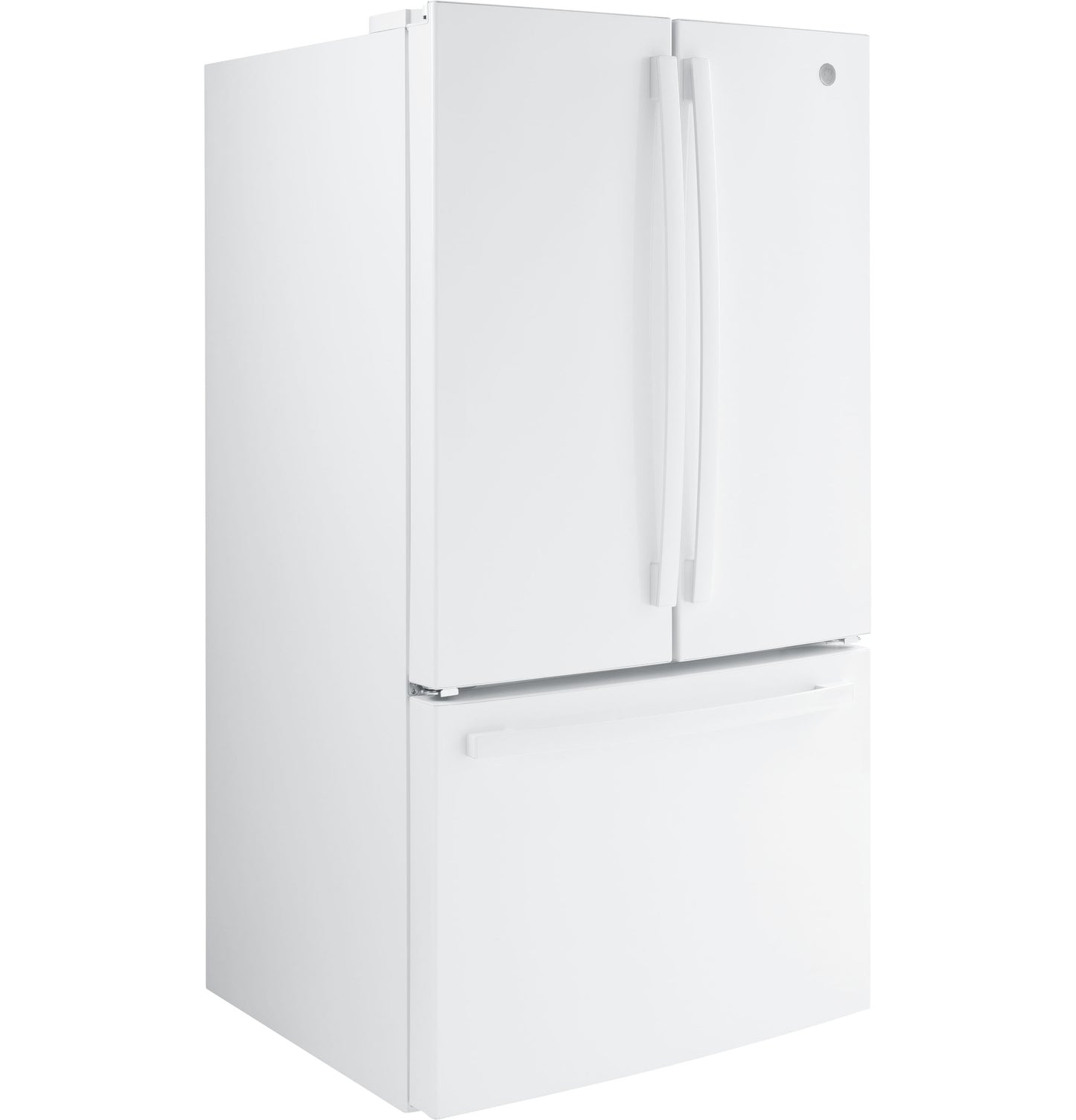 White bottom freezer refrigerator with French doors and curved handles for kitchen appliance and home improvement use