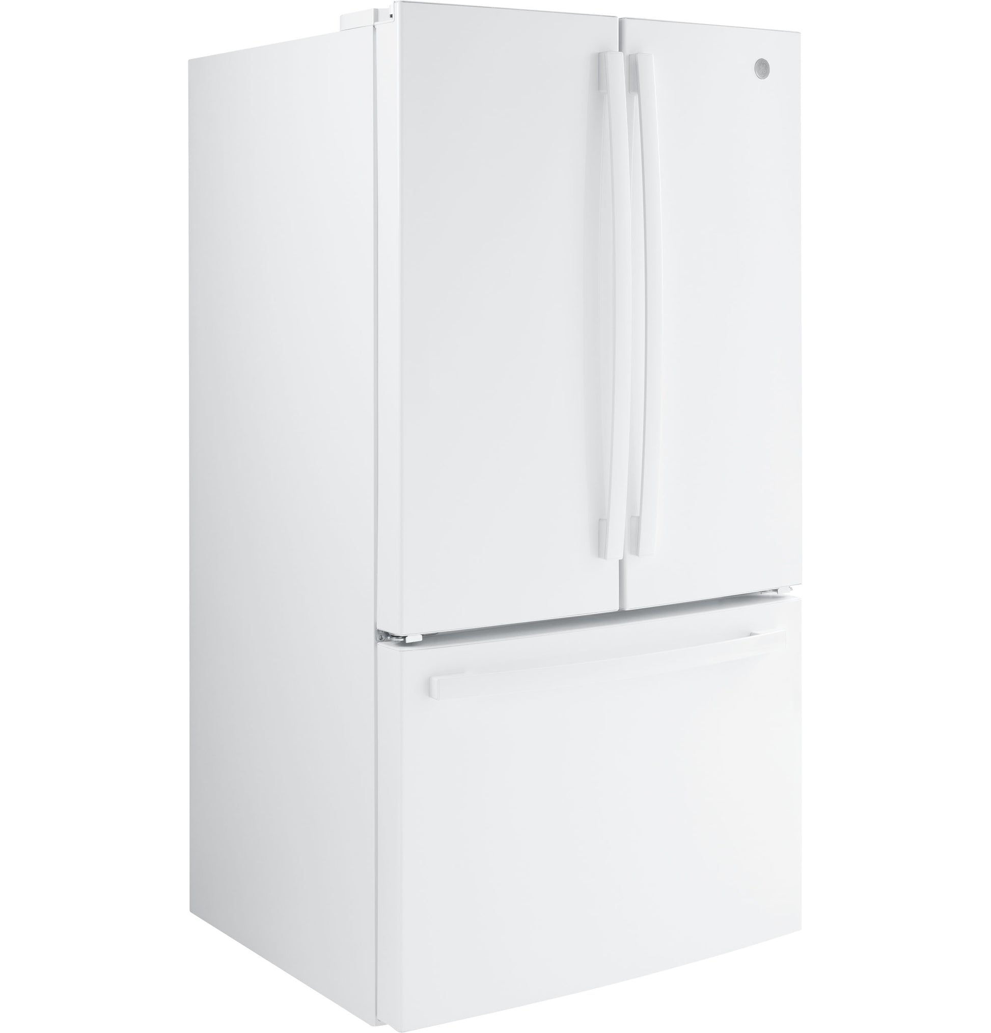 White bottom freezer refrigerator with French doors and curved handles for kitchen appliance and home improvement use