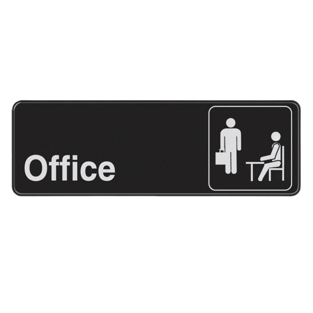 Black rectangular office sign with white text and icons depicting a seated person and a standing person with briefcase