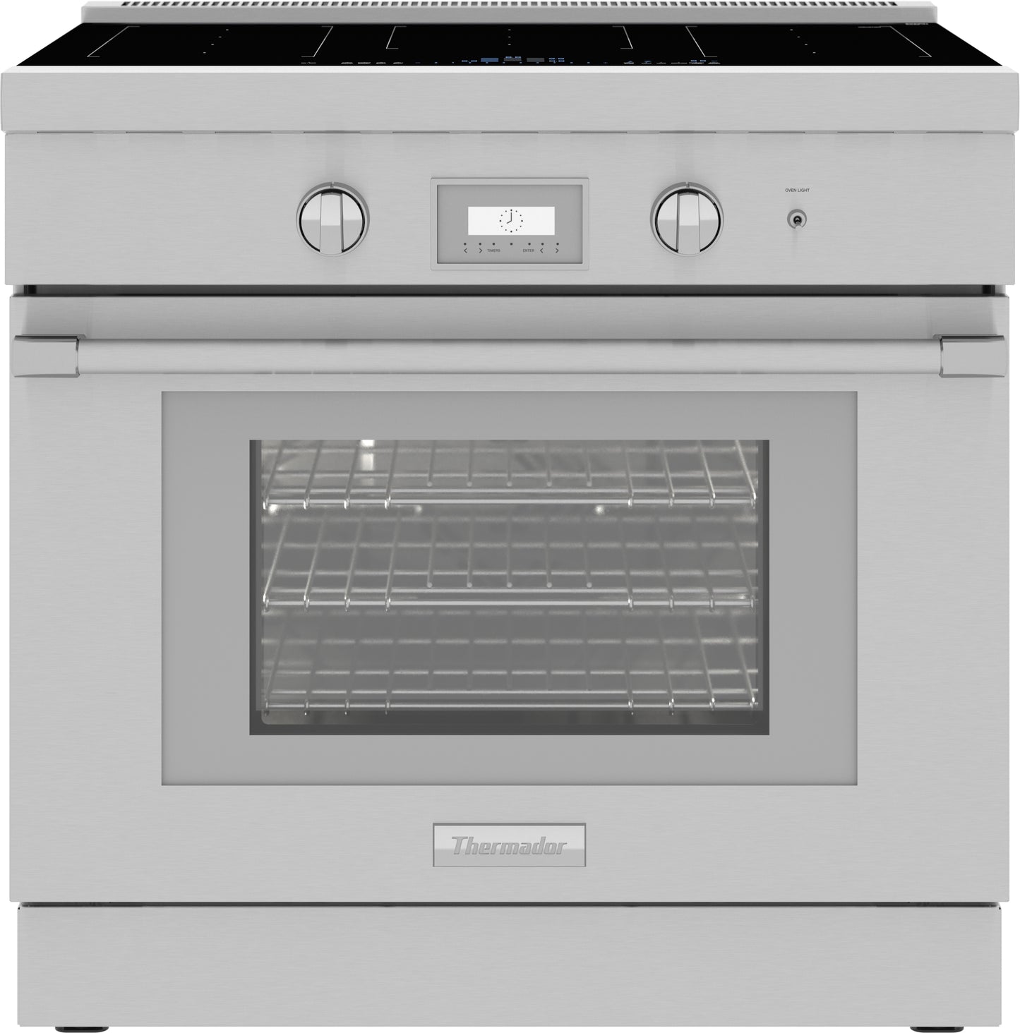 Stainless steel induction range with digital control panel, two knobs, and telescopic oven racks in kitchen appliances collection