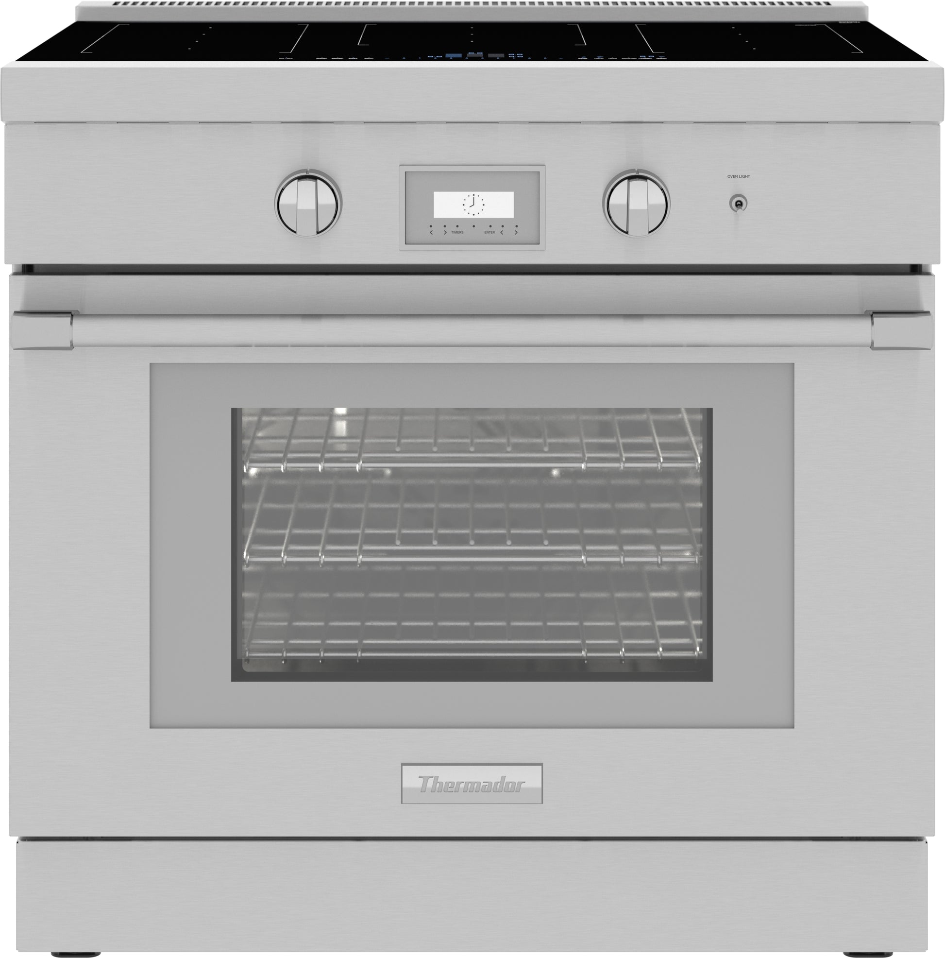 Stainless steel induction range with digital control panel, two knobs, and telescopic oven racks in kitchen appliances collection