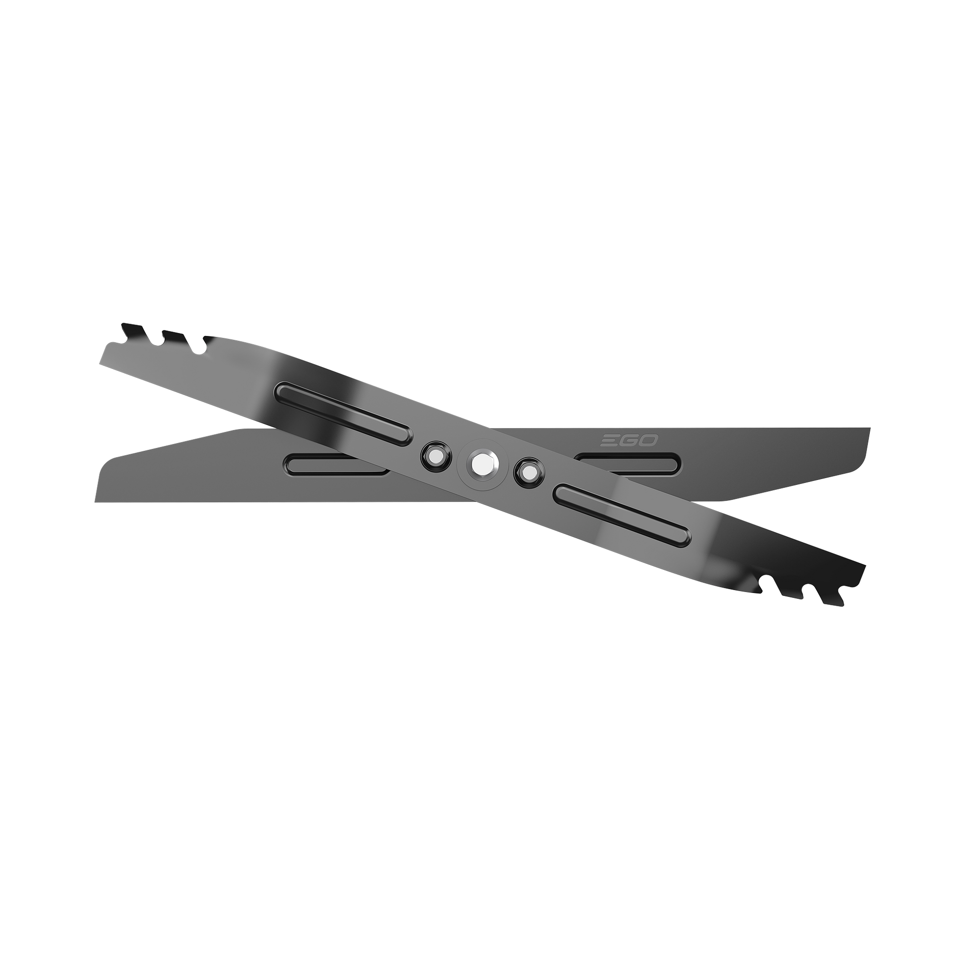 Black aluminum mower blades with precision cut slots and subtle EGO branding for outdoor power equipment tools and lawn care collections