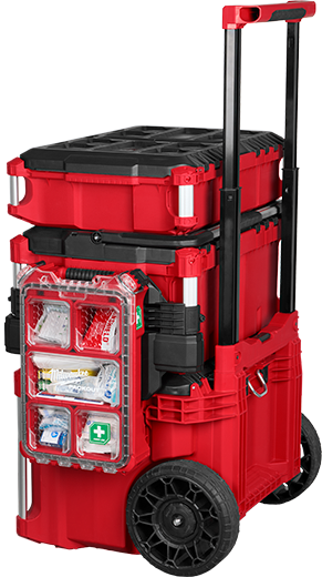Red and black rolling tool storage system with clear organizer lid, designed for tools and home improvement tasks