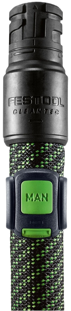 Close-up of green and black braided hose connector with manual release button for tools and home improvement use