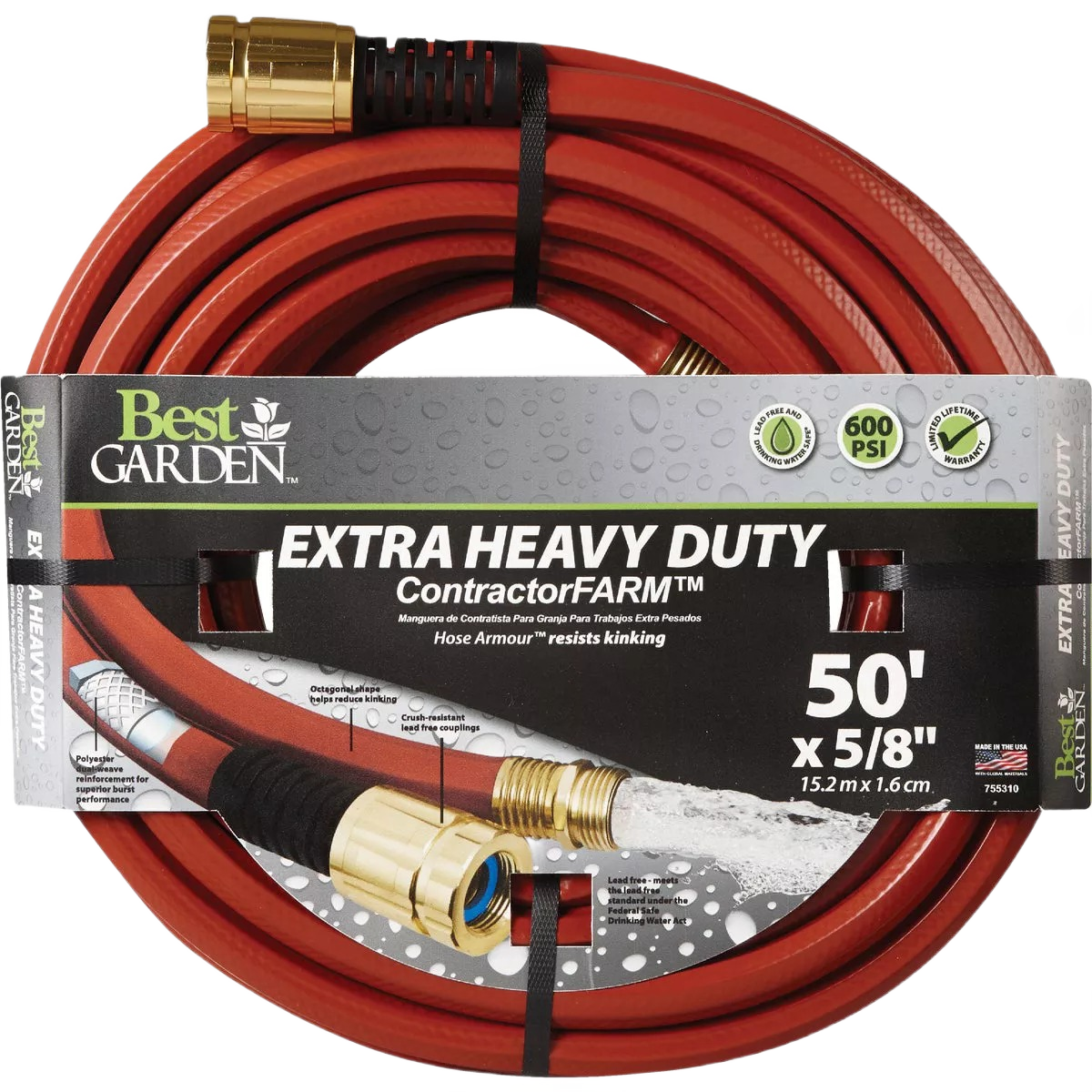 Red extra heavy duty contractor hose with brass fittings designed for durable outdoor and home improvement use