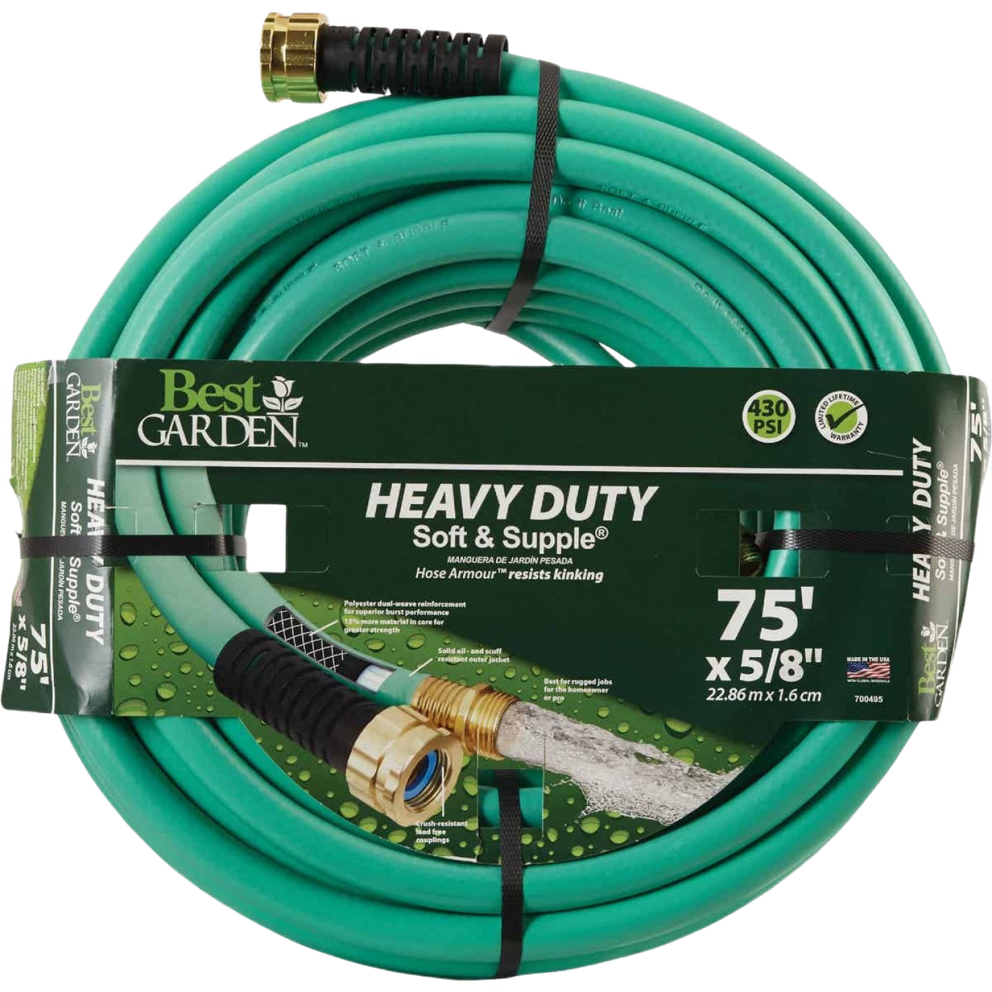 Green garden hose with brass fittings, reinforced for durability, part of watering and irrigation tools under $100