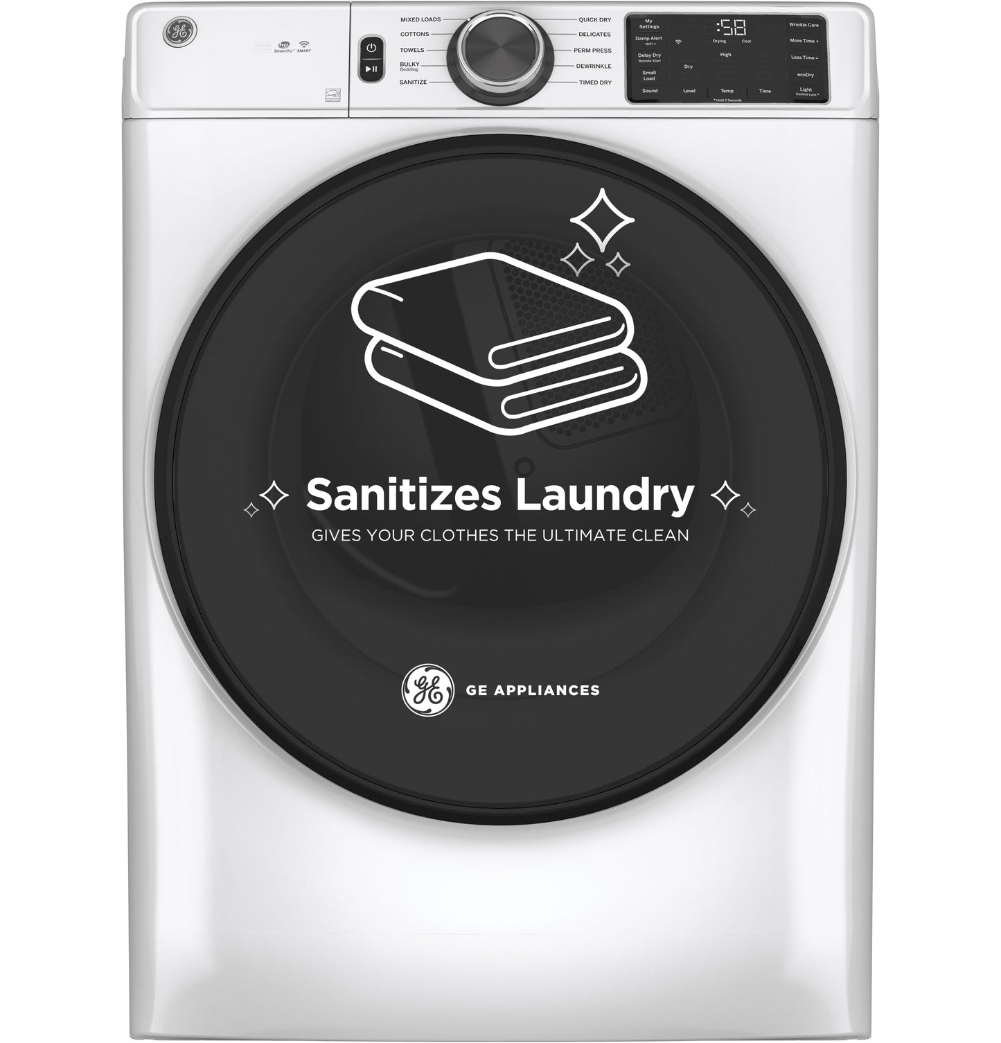 White smart front load electric dryer with digital controls and sanitize cycle icon on door from Dryers collection