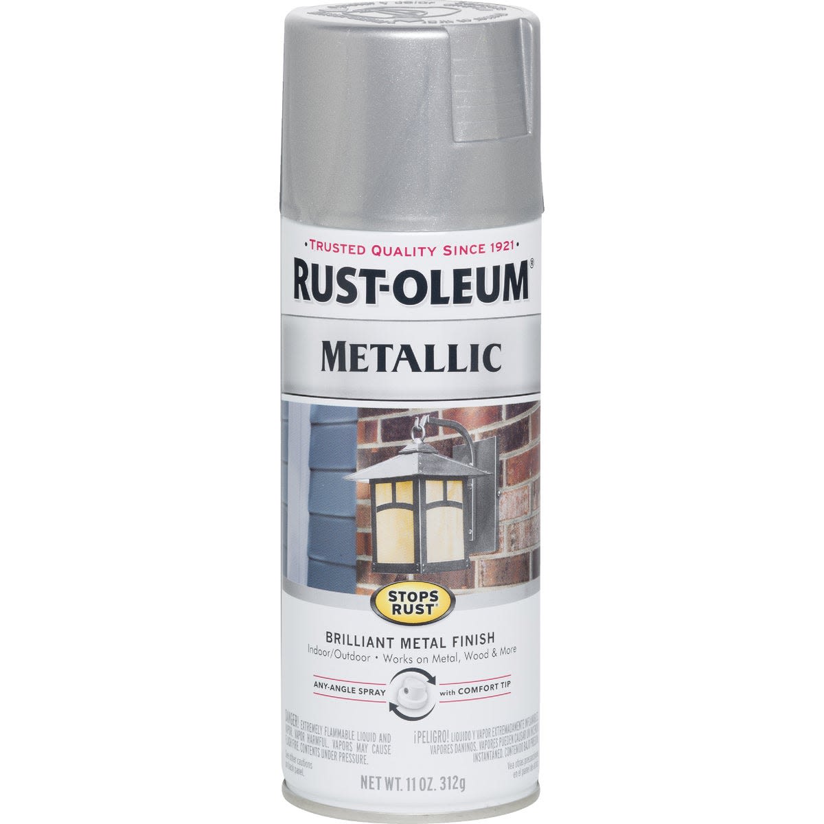 Silver metallic spray paint can with anti-rust formula for home improvement and paint supplies collection