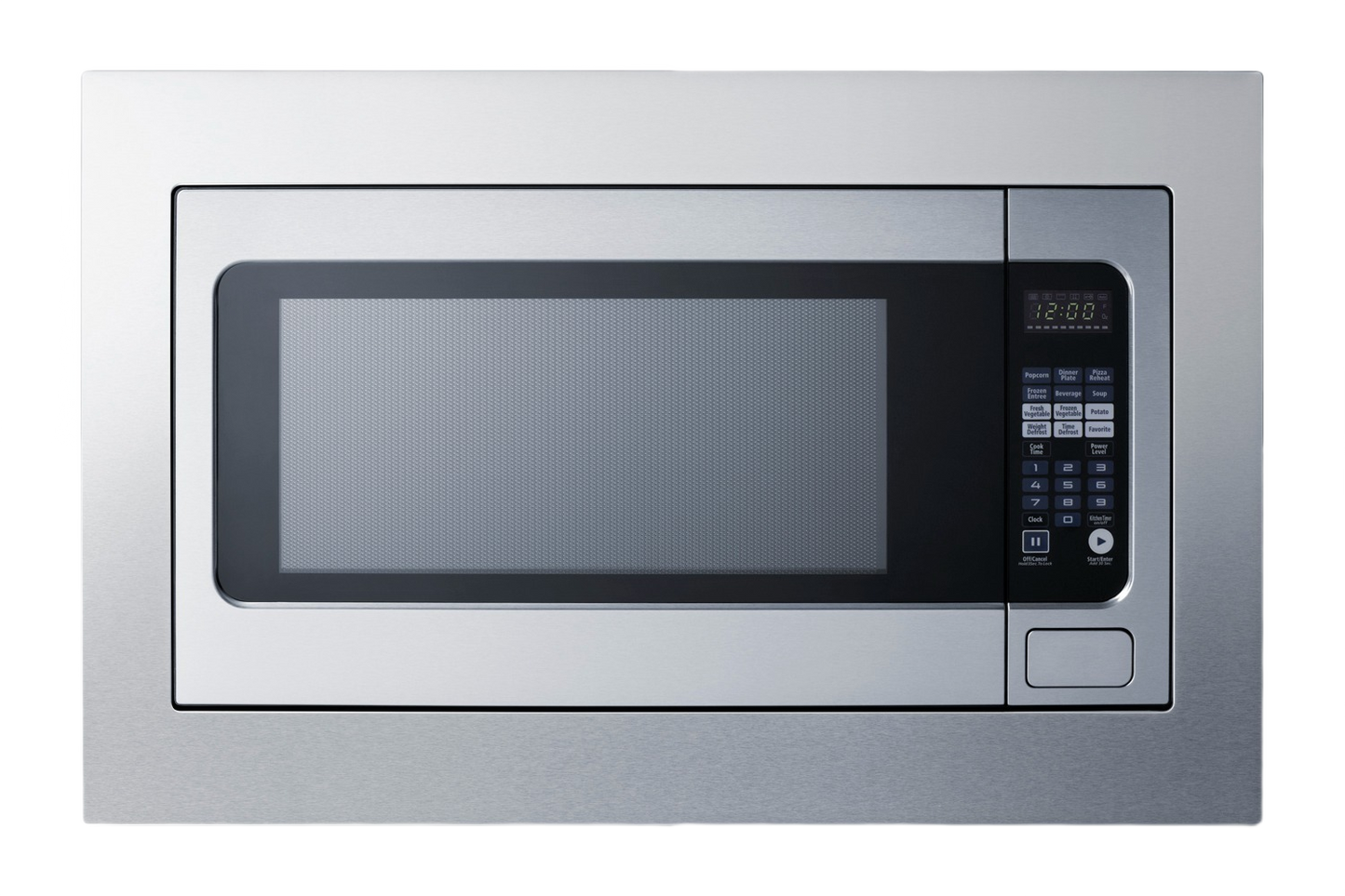 Stainless steel 30-inch wide built-in microwave with digital control panel and trim kit, part of kitchen appliances and built-in microwaves collection.