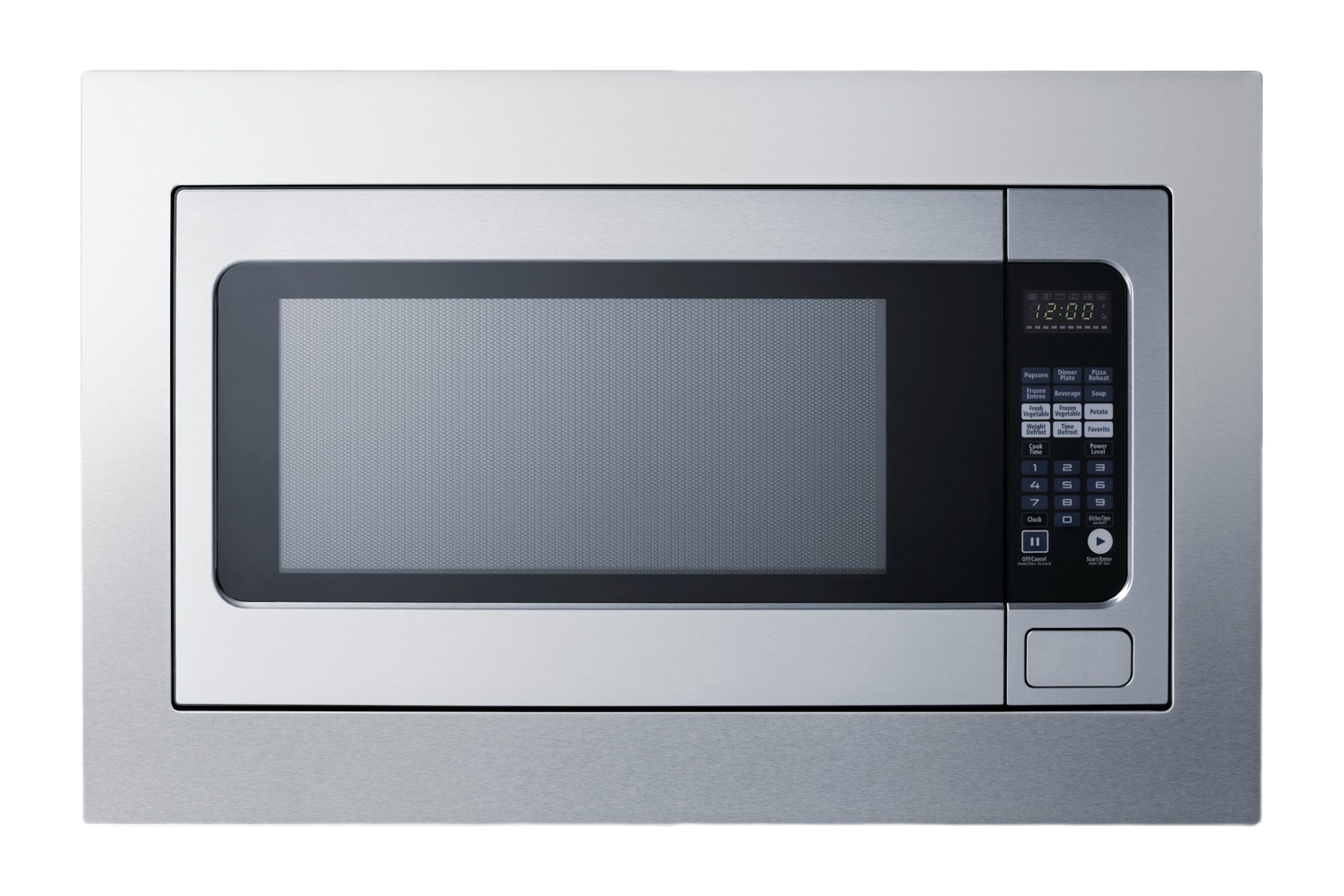 Stainless steel 30-inch wide built-in microwave with digital control panel and trim kit, part of kitchen appliances and built-in microwaves collection.