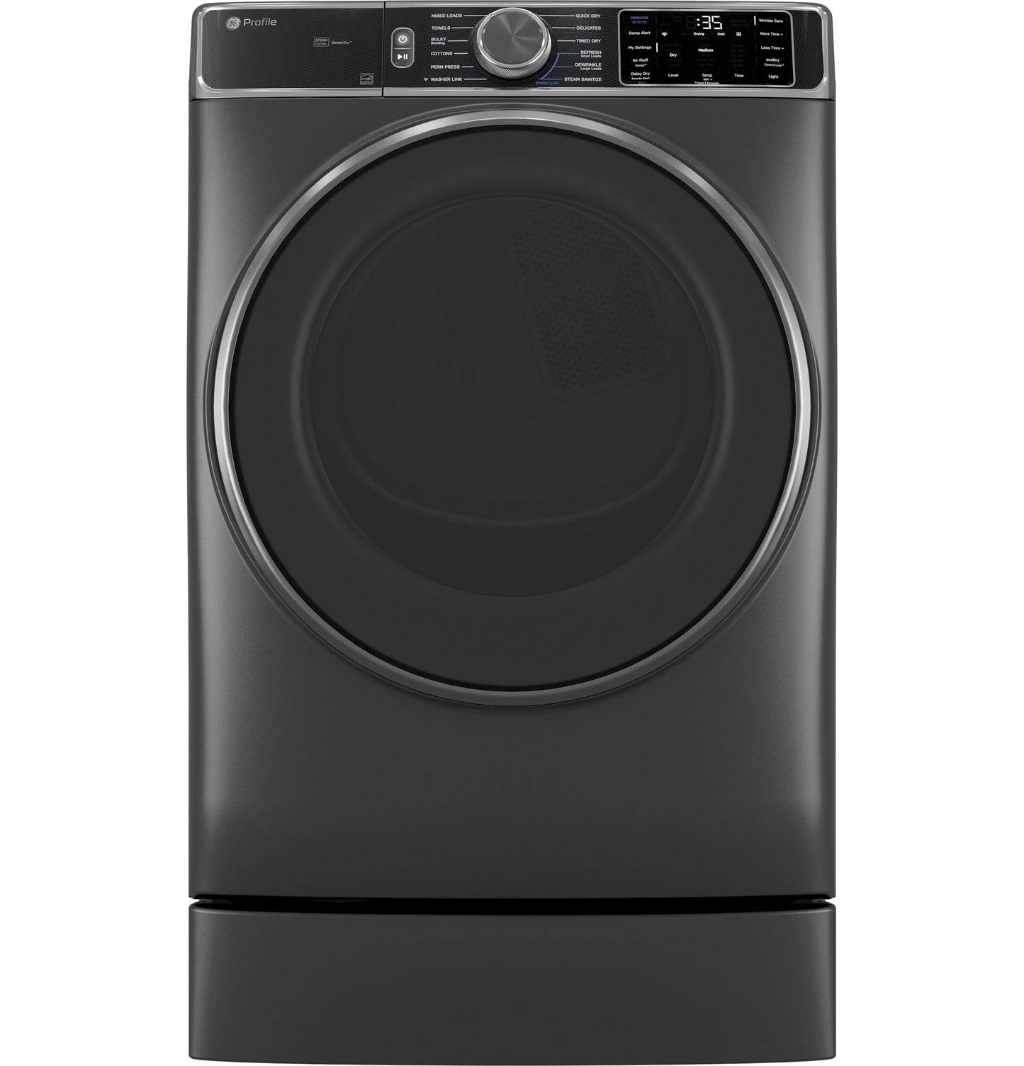 Dark gray front load dryer elevated on a 7-inch riser with digital controls in appliance parts and accessories collection