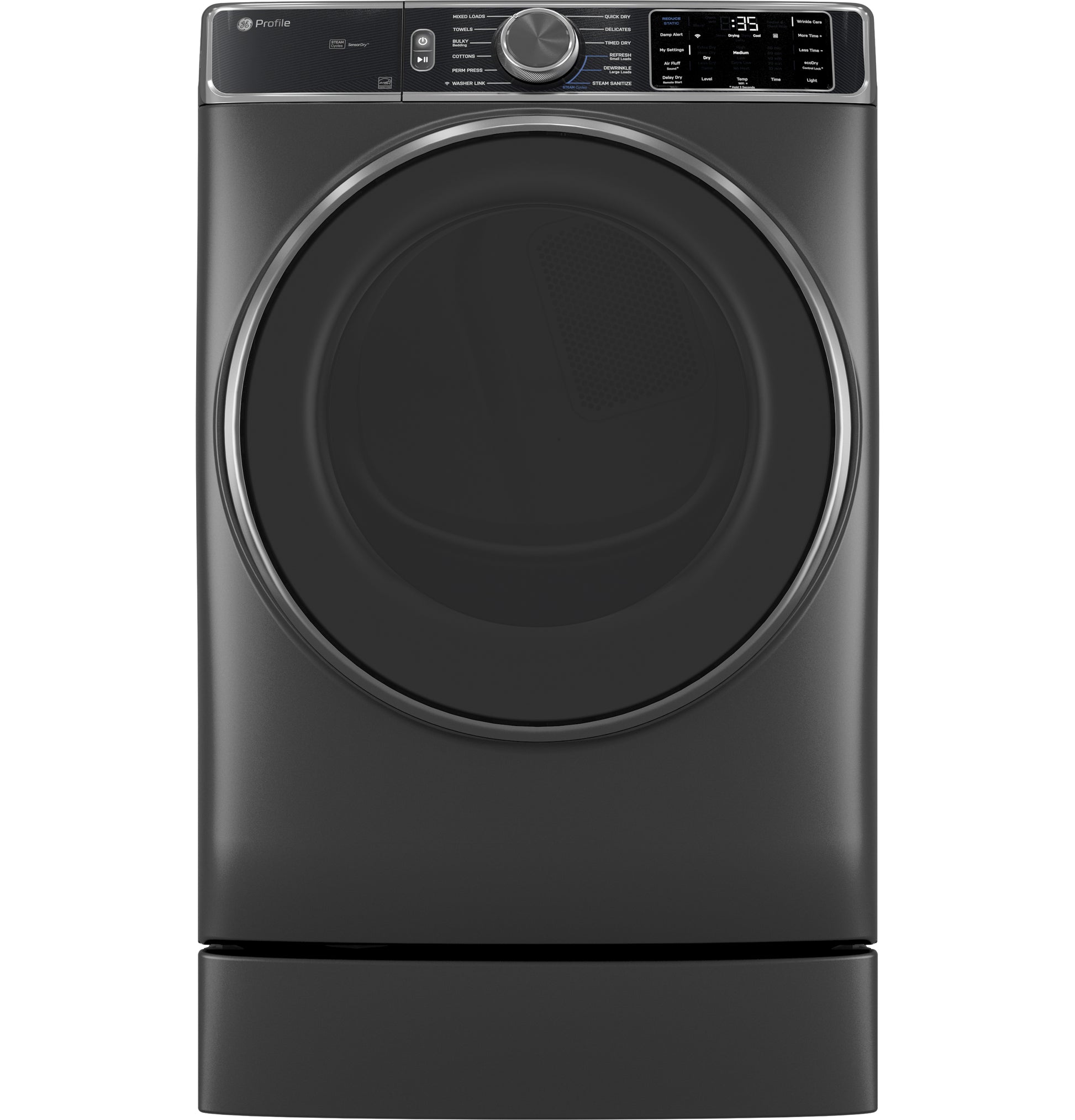 Dark gray front load dryer elevated on a 7-inch riser with digital controls in appliance parts and accessories collection