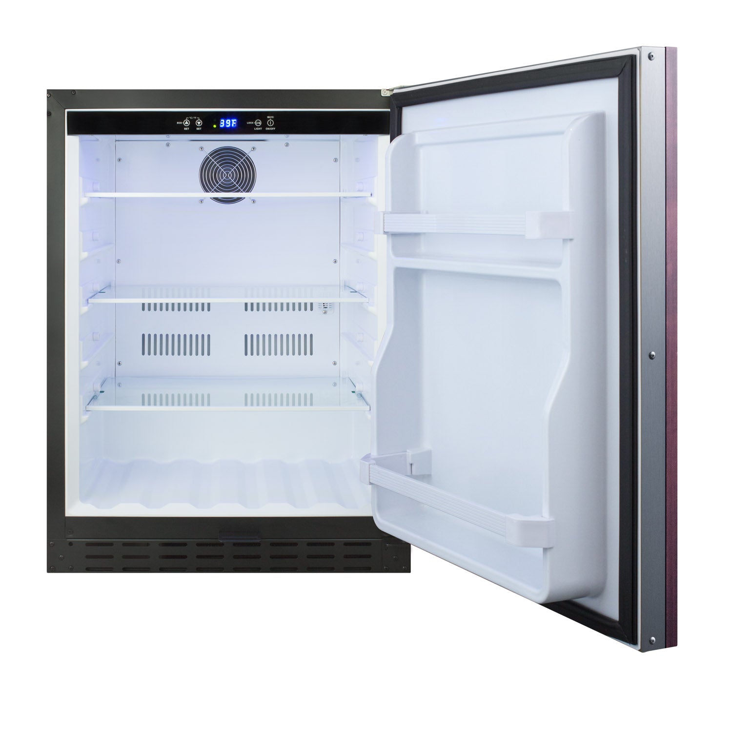 Open built-in undercounter all-refrigerator with LED display and adjustable shelving for kitchen and appliance collections