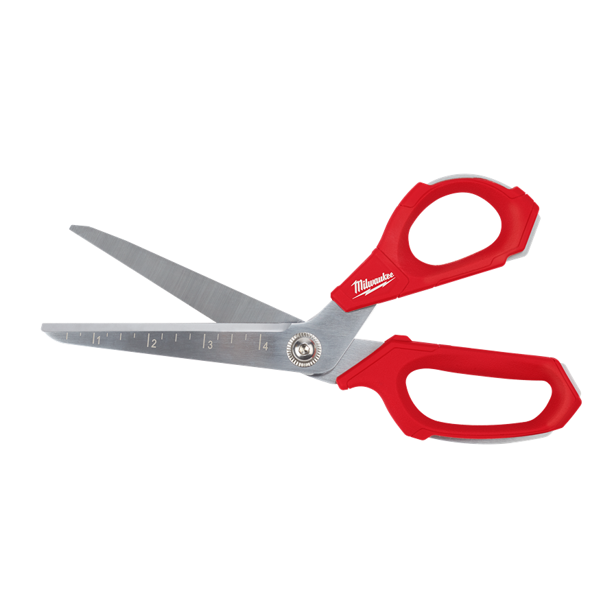 Red-handled Milwaukee offset scissors with durable iron carbide blades, ideal for cutting and woodworking tools under $50 collections