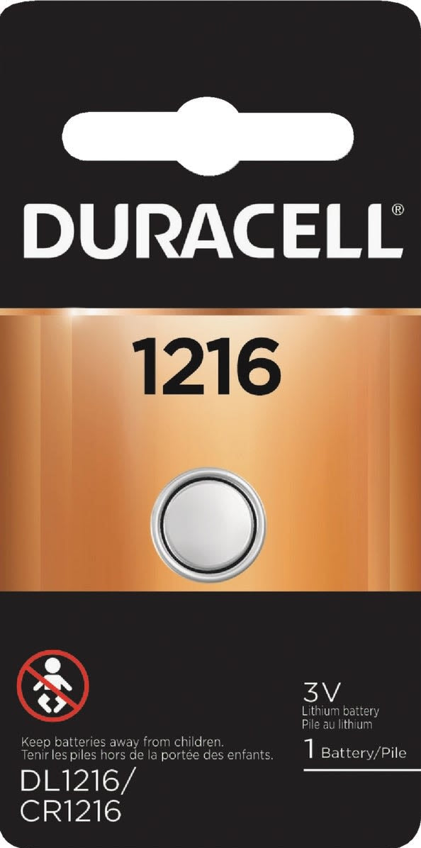 Duracell 1216 lithium coin cell battery package with voltage and safety warnings for tools and home improvement use