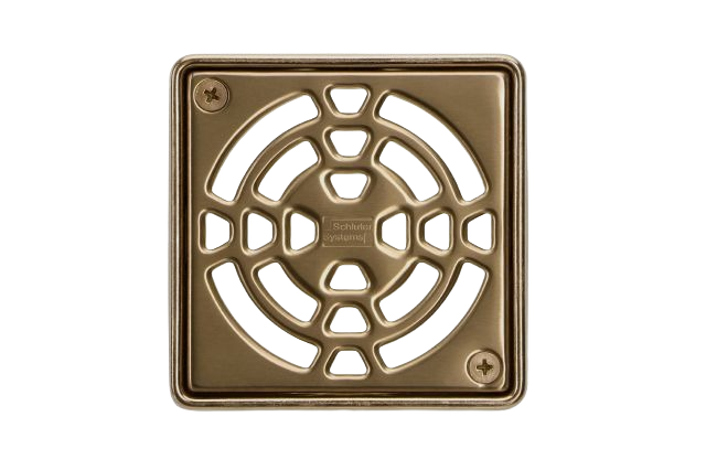 Vintage gold-finished 4-inch tile shower drain grate kit for flooring and tile installation in home improvement collections