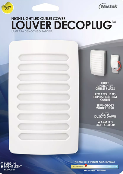 White semi-gloss LED night light outlet cover with louvers for dusk to dawn lighting in home improvement collections