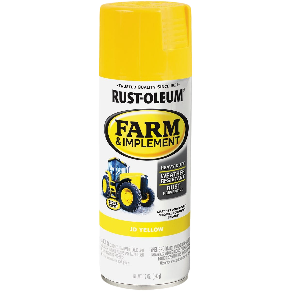 Yellow spray paint can for rust prevention and heavy-duty outdoor equipment in Rust Oleum spray paint collection