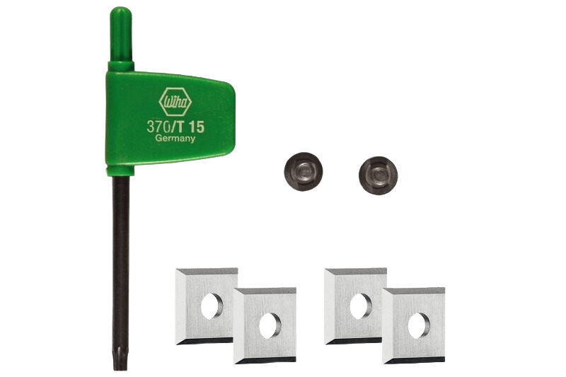 Set of four square metal chamfer trimming router bit inserts with green adjustment tool for woodworking tool accessories