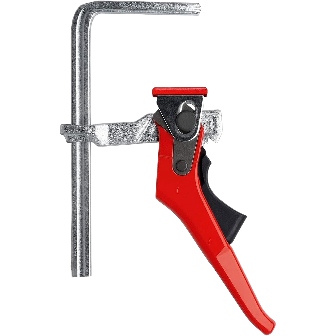 Red-handled Bessey clamp with silver metal track for precise woodwork and home improvement projects.