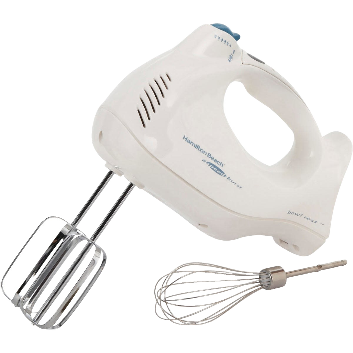 White hand mixer with six speed settings and detachable beaters for kitchen gadgets and small appliances collections