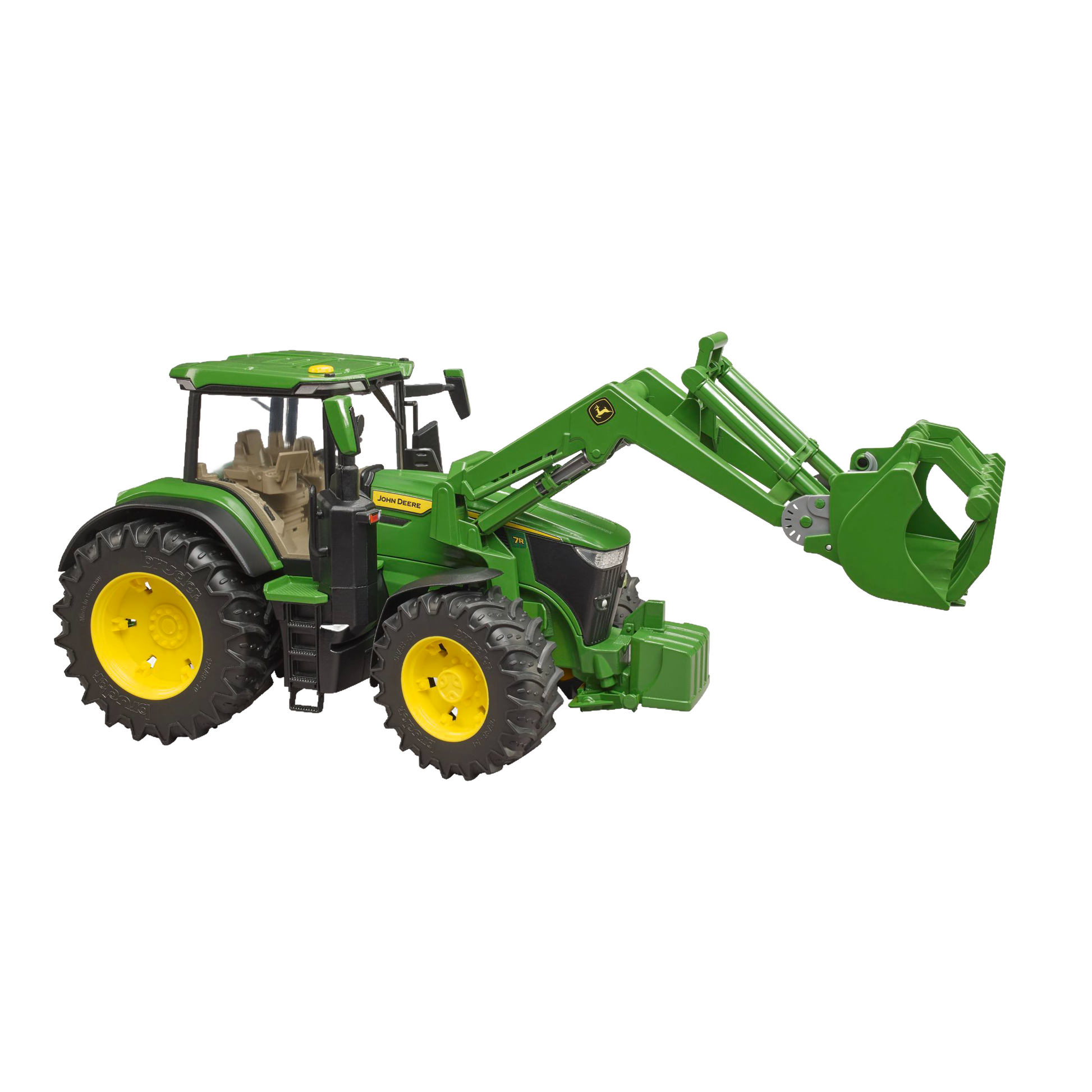 Green Bruder toy tractor with front loader attachment and yellow wheels, part of Vehicles & Remote Controlled Toys collection