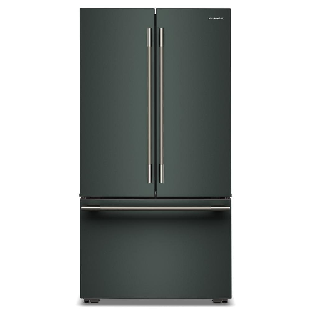 Black counter-depth French door refrigerator with stainless steel handles and bottom freezer drawer from KitchenAid collection