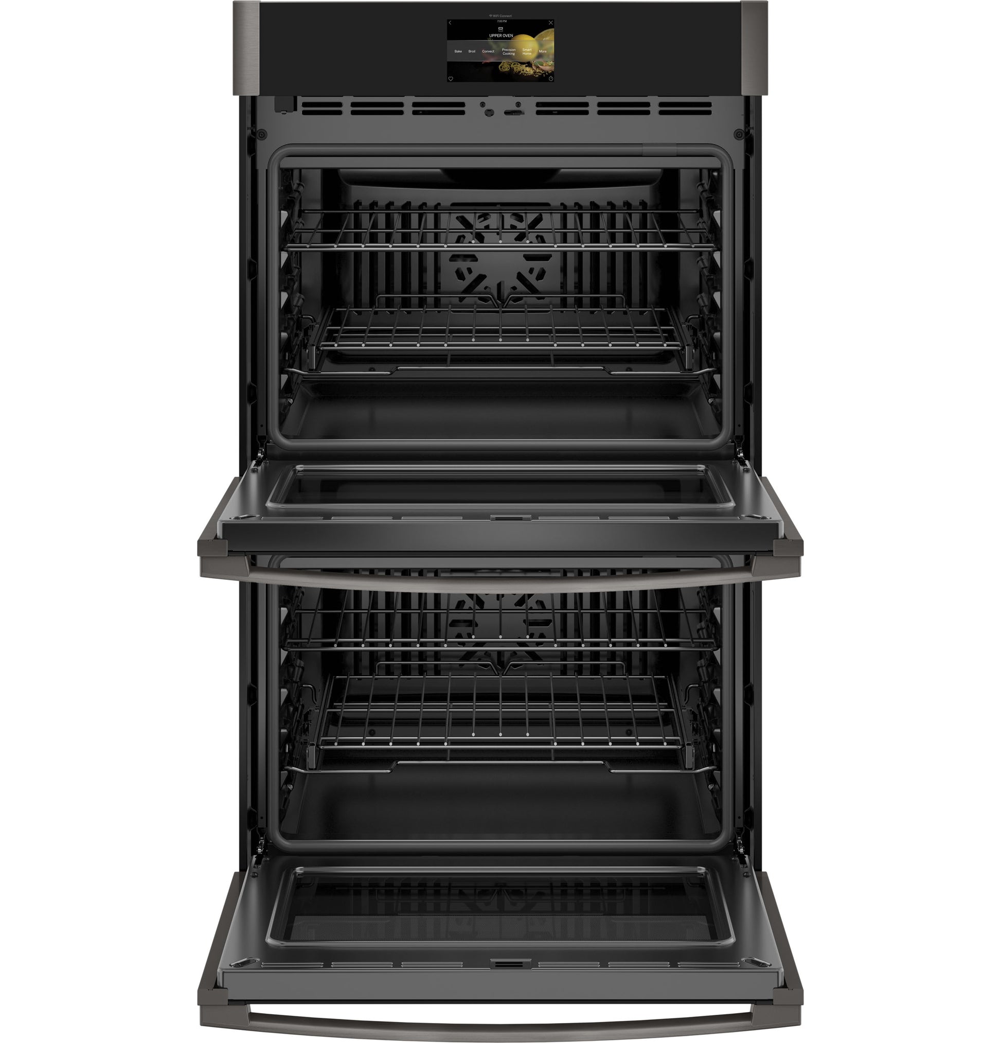 Open black built-in double wall oven with convection fans and digital touchscreen control in kitchen appliances collection