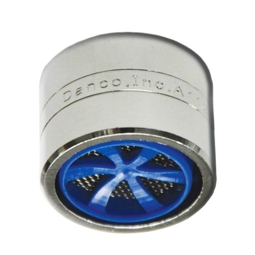Chrome finished water-saving aerator with blue internal turbine, designed for faucets in plumbing and repair collections under $50