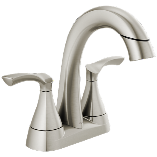 Brushed nickel two-handle centerset bathroom faucet with sleek curved design for home improvement and plumbing projects