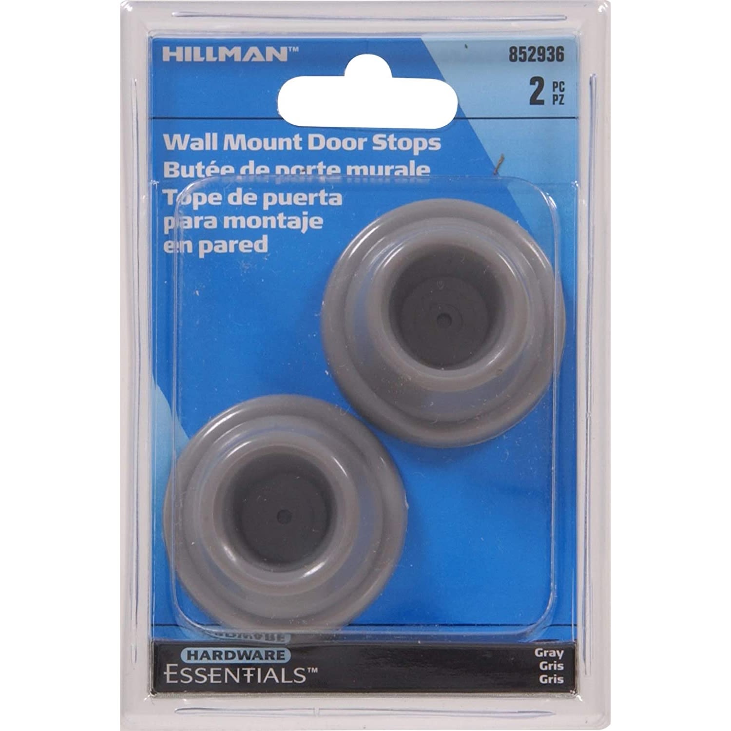 Gray plastic wall mount stops with adhesive backing, designed for door protection in home improvement projects
