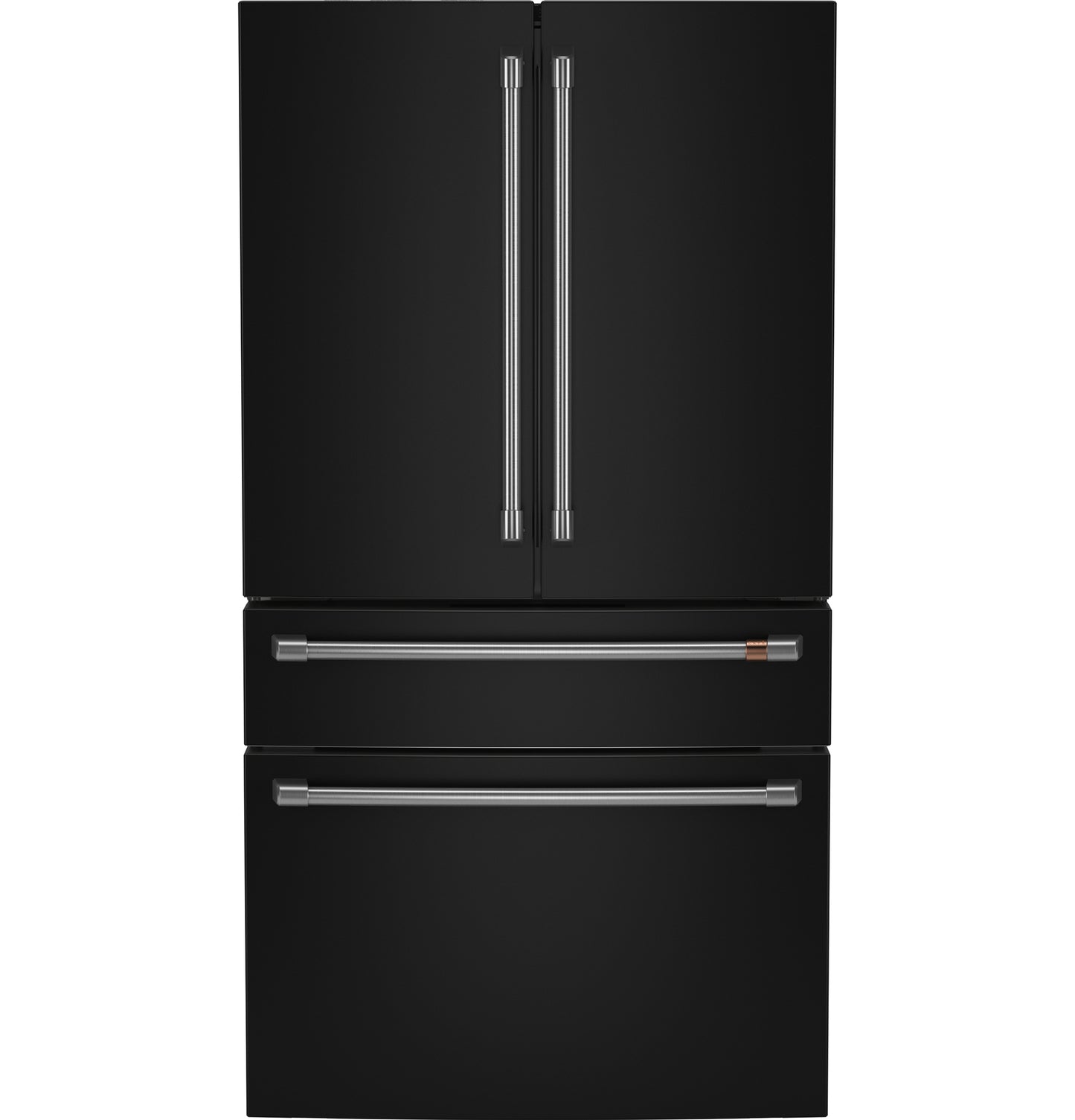 Matte black 4-door French-door refrigerator with dual bottom drawers and stainless steel handles from kitchen appliances collection