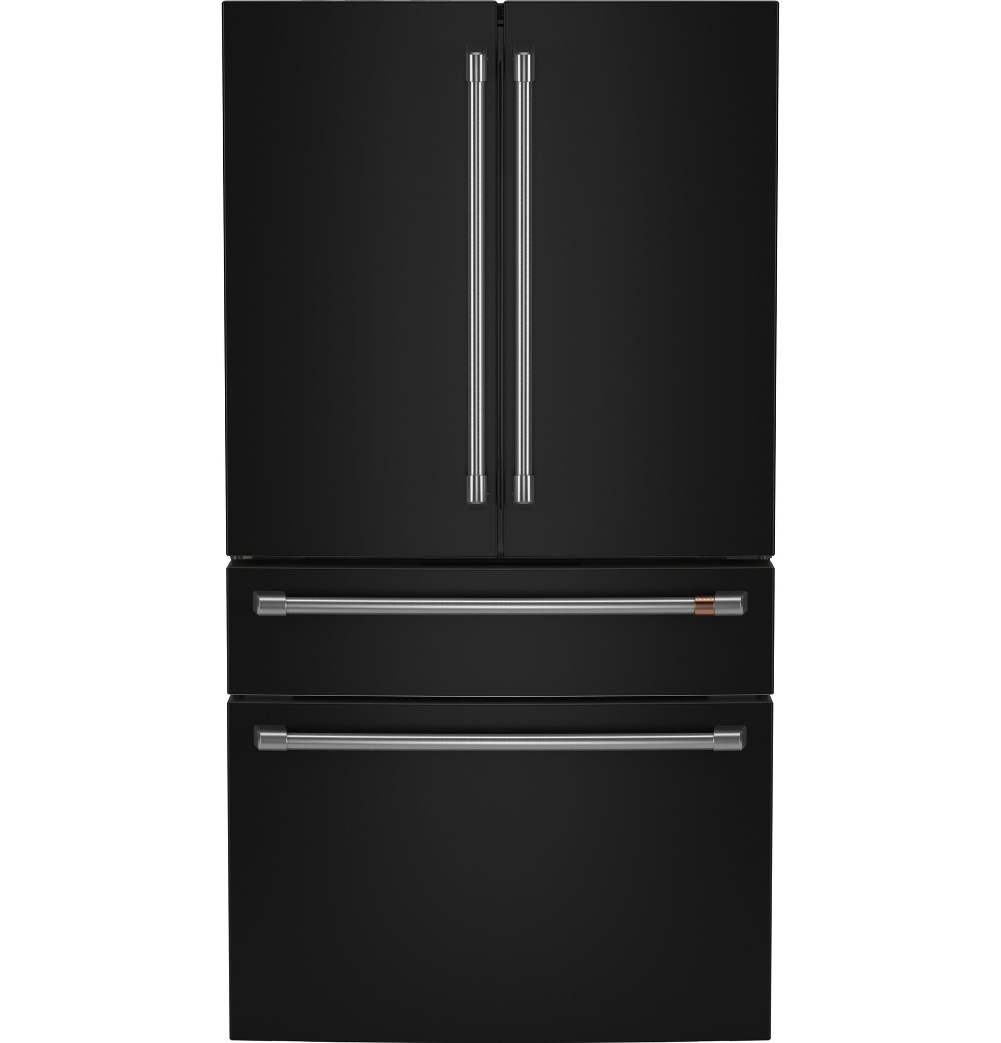 Matte black 4-door French-door refrigerator with dual bottom drawers and stainless steel handles from kitchen appliances collection