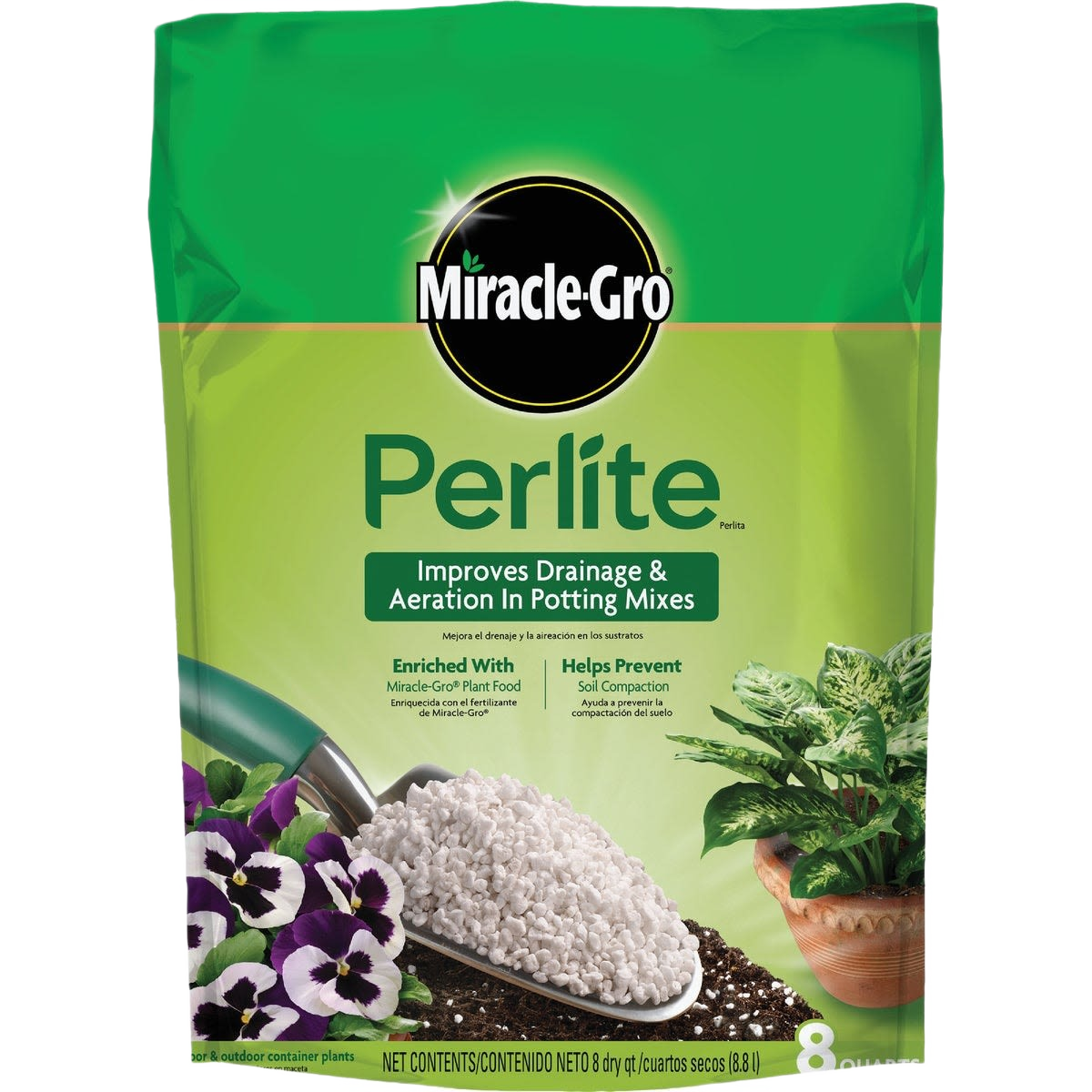 Green bag of potting perlite with plant food label and images of potted flowers for soil and gardening use