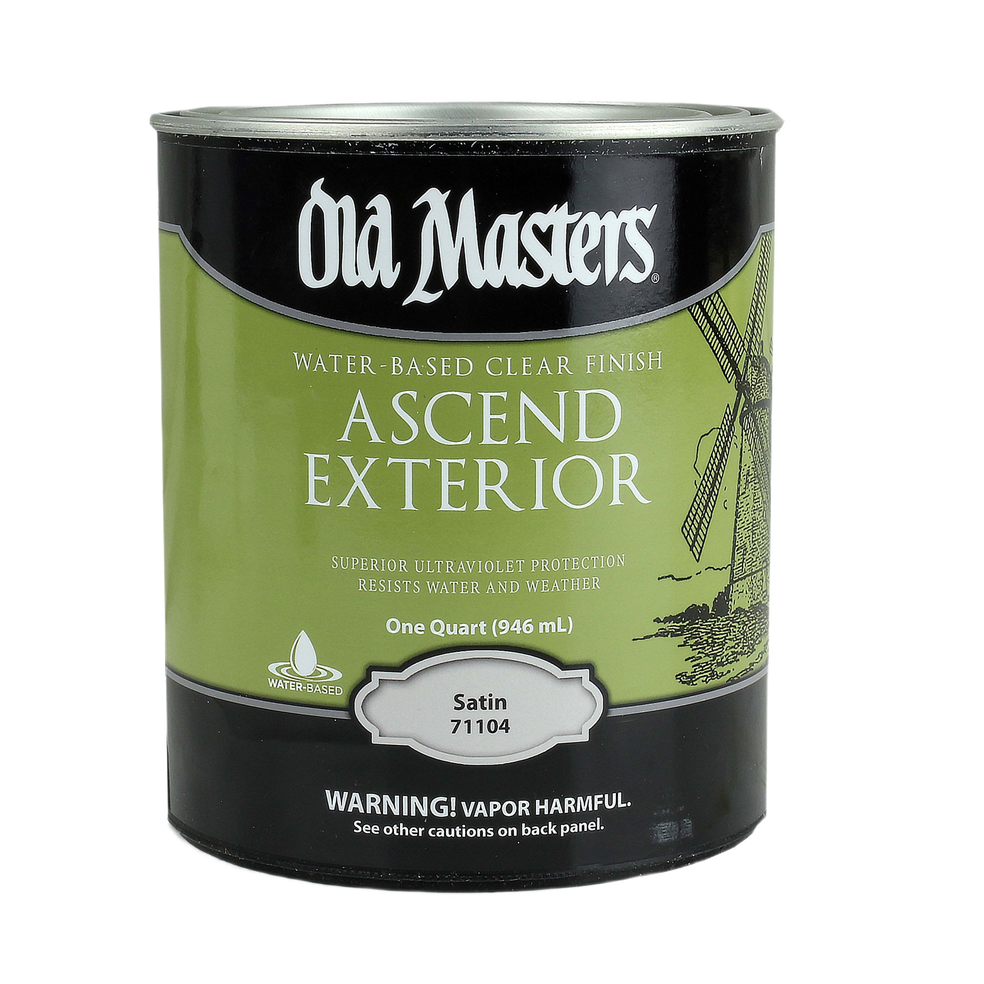 Quart can of Old Masters exterior water-based satin clear finish for wood finishing and exterior stain projects