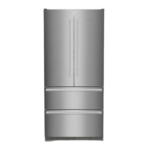 Front view of sleek stainless steel French door refrigerator with dual freezer drawers in Kitchen & Kitchenware collections