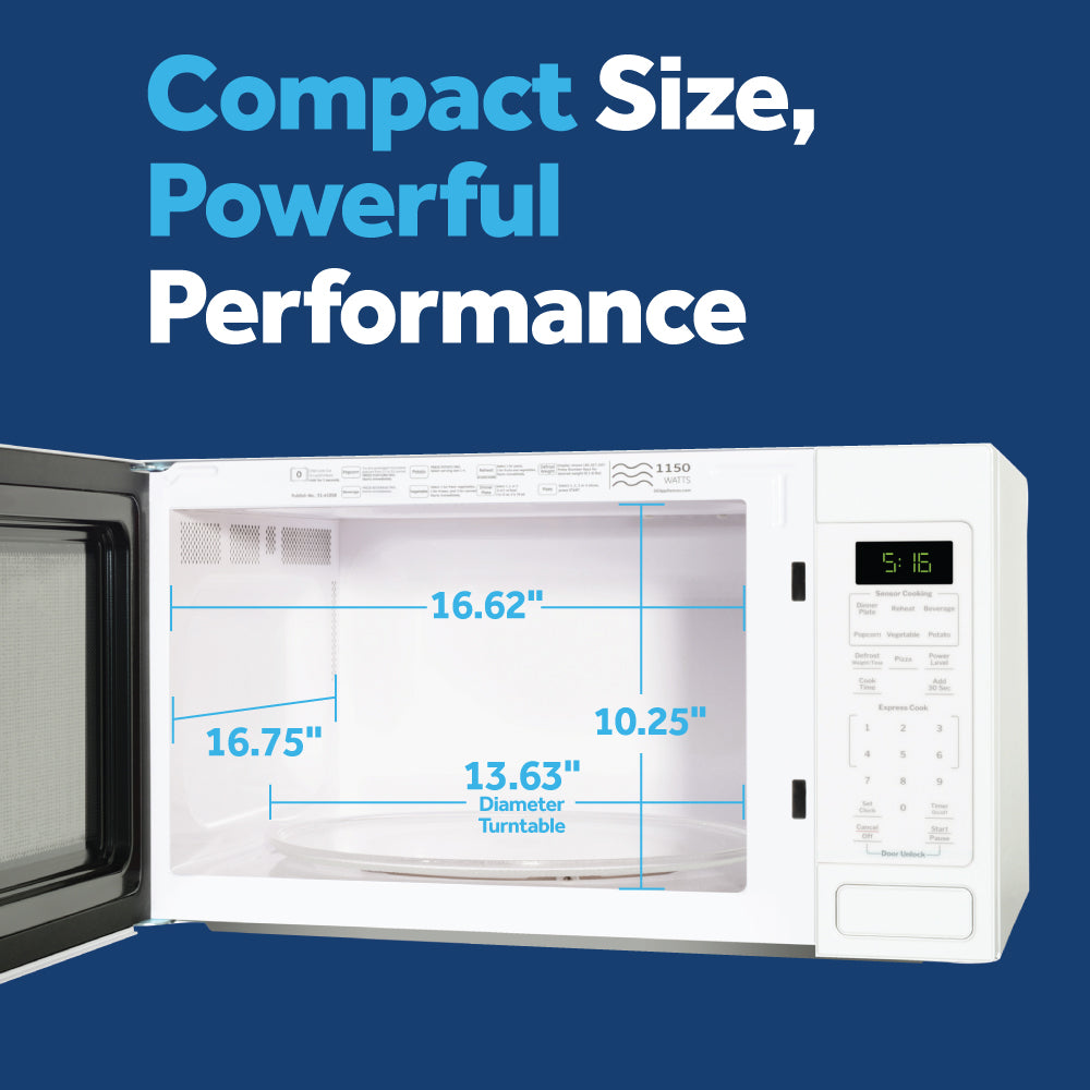 Open white microwave with digital control panel and interior dimensions highlighted for compact kitchen appliances