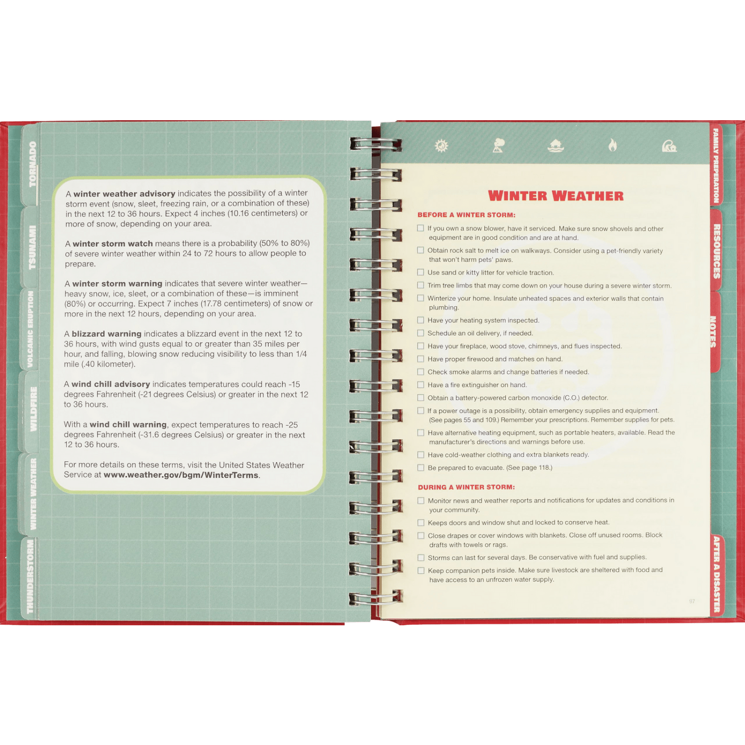 Open spiral-bound logbook showing winter weather preparedness tips from Books and Under $50 collections