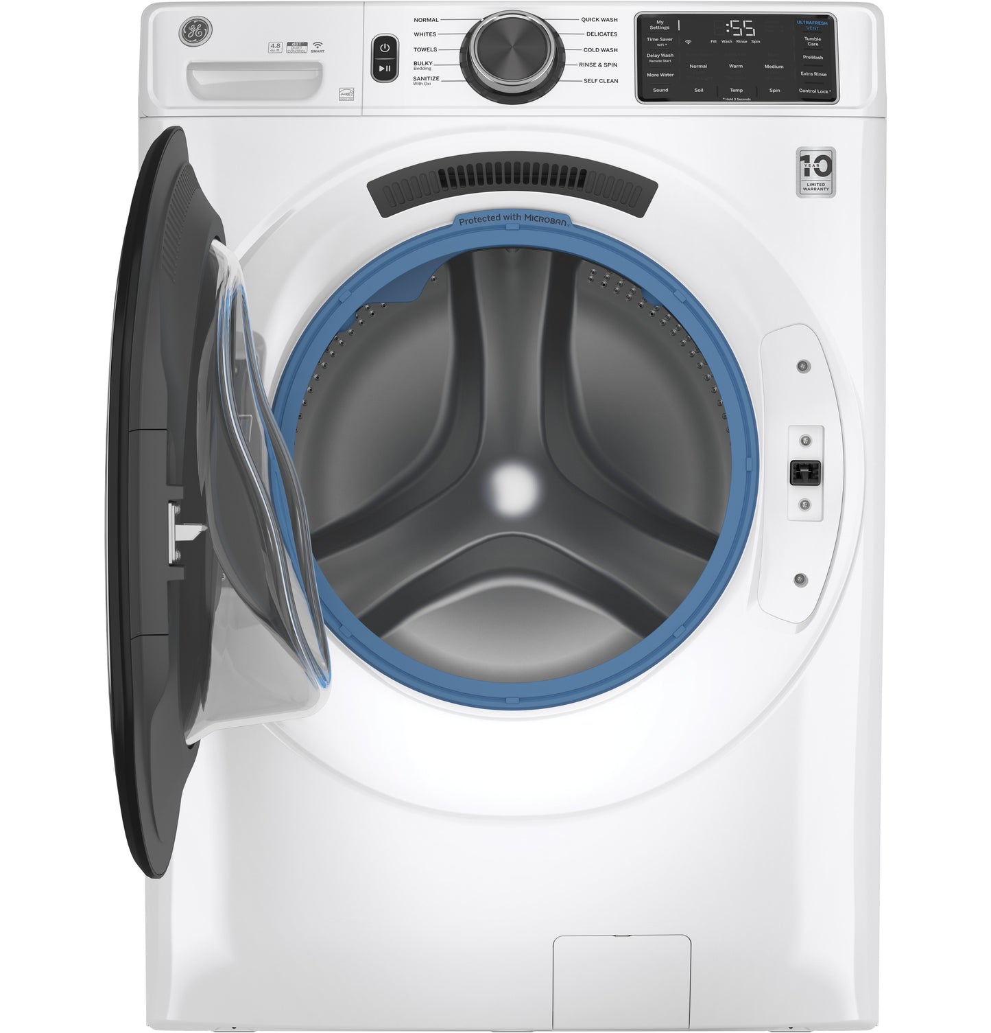 White front load washer with open door showing stainless steel drum and digital control panel for appliances collection