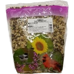 Clear plastic bag of mixed birdseed blend with sunflower seeds and images of songbirds on packaging for outdoor feeding
