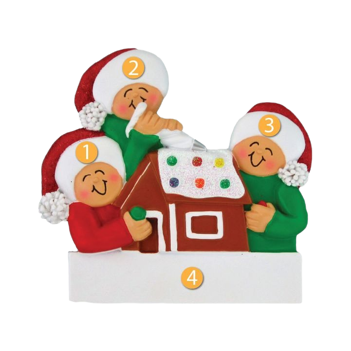 Three smiling figures in festive hats decorating a gingerbread house for Christmas Ornaments & Tree Decorations under $50 collection